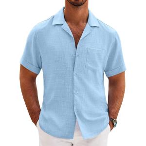 imageCOOFANDY Mens Casual Short Sleeve Button Down Shirts Cuban Linen Textured Shirt Summer Beach WearLight Blue