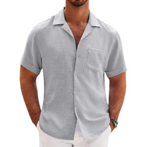 imageCOOFANDY Mens Casual Short Sleeve Button Down Shirts Cuban Linen Textured Shirt Summer Beach WearLight Gray