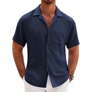 imageCOOFANDY Mens Casual Short Sleeve Button Down Shirts Cuban Linen Textured Shirt Summer Beach WearNavy Blue