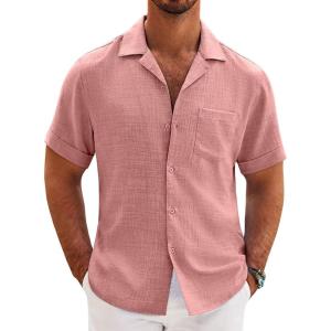 imageCOOFANDY Mens Casual Short Sleeve Button Down Shirts Cuban Linen Textured Shirt Summer Beach WearPink