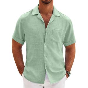imageCOOFANDY Mens Casual Short Sleeve Button Down Shirts Cuban Linen Textured Shirt Summer Beach WearSage Green