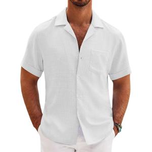 imageCOOFANDY Mens Casual Short Sleeve Button Down Shirts Cuban Linen Textured Shirt Summer Beach WearWhite