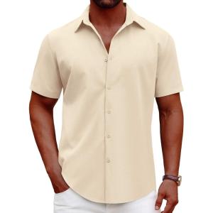 imageCOOFANDY Mens Casual Short Sleeve Button Down Shirts Summer Untucked Wrinkle Free ShirtsBeige