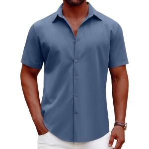 imageCOOFANDY Mens Casual Short Sleeve Button Down Shirts Summer Untucked Wrinkle Free ShirtsDenim Blue
