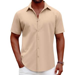 imageCOOFANDY Mens Casual Short Sleeve Button Down Shirts Summer Untucked Wrinkle Free ShirtsKhaki