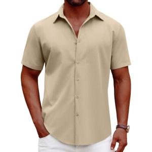 imageCOOFANDY Mens Casual Short Sleeve Button Down Shirts Summer Untucked Wrinkle Free ShirtsLight Khaki