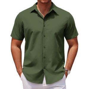 imageCOOFANDY Mens Casual Short Sleeve Button Down Shirts Untucked Dress Shirts Wrinkle Free Summer Wedding Shirts SolidArmy Green