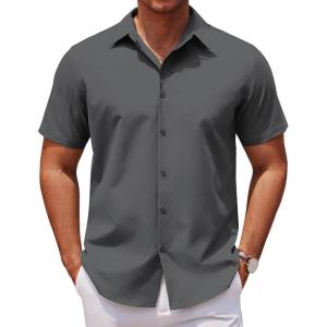 imageCOOFANDY Mens Casual Short Sleeve Button Down Shirts Untucked Dress Shirts Wrinkle Free Summer Wedding Shirts SolidDark Grey
