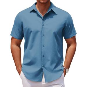 imageCOOFANDY Mens Casual Short Sleeve Button Down Shirts Untucked Dress Shirts Wrinkle Free Summer Wedding Shirts SolidGray Blue