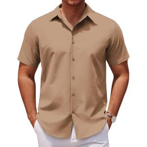 imageCOOFANDY Mens Casual Short Sleeve Button Down Shirts Untucked Dress Shirts Wrinkle Free Summer Wedding Shirts SolidKahki