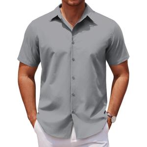 imageCOOFANDY Mens Casual Short Sleeve Button Down Shirts Untucked Dress Shirts Wrinkle Free Summer Wedding Shirts SolidLight Grey