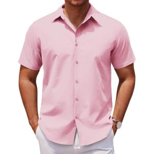 imageCOOFANDY Mens Casual Short Sleeve Button Down Shirts Untucked Dress Shirts Wrinkle Free Summer Wedding Shirts SolidPink