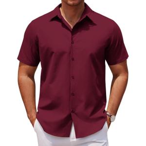 imageCOOFANDY Mens Casual Short Sleeve Button Down Shirts Untucked Dress Shirts Wrinkle Free Summer Wedding Shirts SolidRed