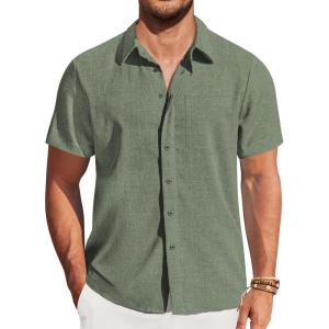 imageCOOFANDY Mens Casual Short Sleeve Shirts Button Down Summer Beach Shirt Lightweight Textured Tops with PocketArmy Green