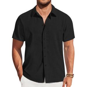 imageCOOFANDY Mens Casual Short Sleeve Shirts Button Down Summer Beach Shirt Lightweight Textured Tops with PocketBlack
