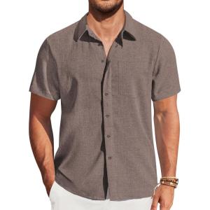 imageCOOFANDY Mens Casual Short Sleeve Shirts Button Down Summer Beach Shirt Lightweight Textured Tops with PocketKhaki