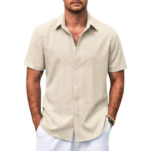 imageCOOFANDY Mens Casual Summer Beach Shirt Button Down Short Sleeve Shirts Vacation Shirt Cotton Linen ShirtsBeige