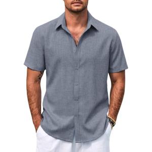 imageCOOFANDY Mens Casual Summer Beach Shirt Button Down Short Sleeve Shirts Vacation Shirt Cotton Linen ShirtsBlue Gray