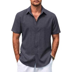 imageCOOFANDY Mens Casual Summer Beach Shirt Button Down Short Sleeve Shirts Vacation Shirt Cotton Linen ShirtsCarbon Black