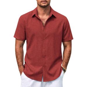imageCOOFANDY Mens Casual Summer Beach Shirt Button Down Short Sleeve Shirts Vacation Shirt Cotton Linen ShirtsClaret