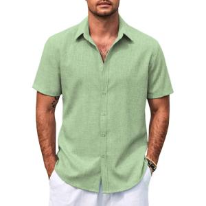 imageCOOFANDY Mens Casual Summer Beach Shirt Button Down Short Sleeve Shirts Vacation Shirt Cotton Linen ShirtsIce Green