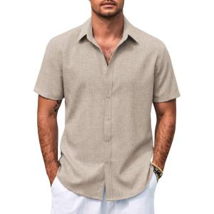 imageCOOFANDY Mens Casual Summer Beach Shirt Button Down Short Sleeve Shirts Vacation Shirt Cotton Linen ShirtsKhaki