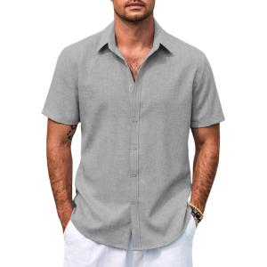 imageCOOFANDY Mens Casual Summer Beach Shirt Button Down Short Sleeve Shirts Vacation Shirt Cotton Linen ShirtsLight Gray