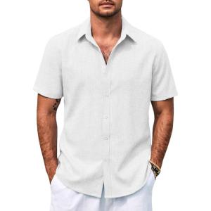 imageCOOFANDY Mens Casual Summer Beach Shirt Button Down Short Sleeve Shirts Vacation Shirt Cotton Linen ShirtsWhite