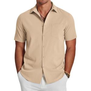 imageCOOFANDY Mens Casual Summer Beach Wrinkle Free Shirts Short Sleeve Button Down Lightweight Untucked Textured ShirtAlmond