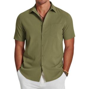 imageCOOFANDY Mens Casual Summer Beach Wrinkle Free Shirts Short Sleeve Button Down Lightweight Untucked Textured ShirtArmy Green