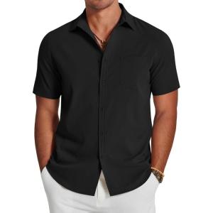 imageCOOFANDY Mens Casual Summer Beach Wrinkle Free Shirts Short Sleeve Button Down Lightweight Untucked Textured ShirtBlack