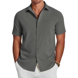 imageCOOFANDY Mens Casual Summer Beach Wrinkle Free Shirts Short Sleeve Button Down Lightweight Untucked Textured ShirtDark Gray