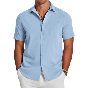 imageCOOFANDY Mens Casual Summer Beach Wrinkle Free Shirts Short Sleeve Button Down Lightweight Untucked Textured ShirtLight Blue