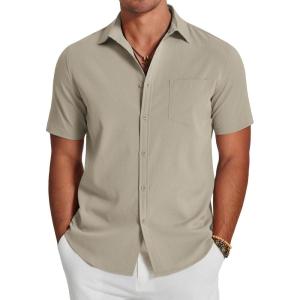 imageCOOFANDY Mens Casual Summer Beach Wrinkle Free Shirts Short Sleeve Button Down Lightweight Untucked Textured ShirtLight Gray