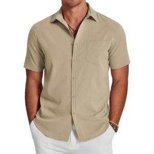 imageCOOFANDY Mens Casual Summer Beach Wrinkle Free Shirts Short Sleeve Button Down Lightweight Untucked Textured ShirtOyster Gray