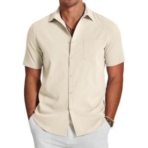 imageCOOFANDY Mens Casual Summer Beach Wrinkle Free Shirts Short Sleeve Button Down Lightweight Untucked Textured ShirtVanilla Ice