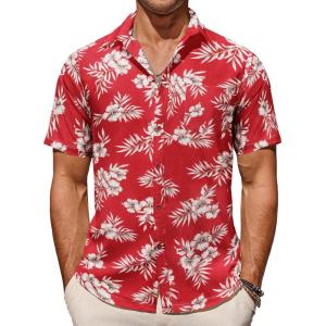 imageCOOFANDY Mens Casual Summer Beach Wrinkle Free Shirts Short Sleeve Button Down Lightweight Untucked Textured ShirtZred Flower
