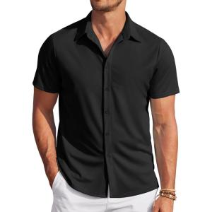imageCOOFANDY Mens Casual Wrinkle Free Shirts Short Sleeve Button Down Summer Stretch Dress ShirtBlack