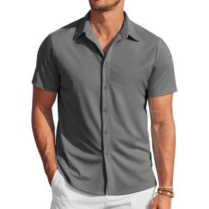 imageCOOFANDY Mens Casual Wrinkle Free Shirts Short Sleeve Button Down Summer Stretch Dress ShirtDark Gray