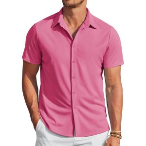 imageCOOFANDY Mens Casual Wrinkle Free Shirts Short Sleeve Button Down Summer Stretch Dress ShirtHot Pink
