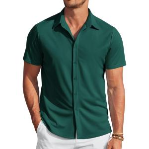 imageCOOFANDY Mens Casual Wrinkle Free Shirts Short Sleeve Button Down Summer Stretch Dress ShirtLake Green