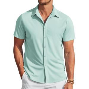 imageCOOFANDY Mens Casual Wrinkle Free Shirts Short Sleeve Button Down Summer Stretch Dress ShirtLight Blue