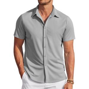imageCOOFANDY Mens Casual Wrinkle Free Shirts Short Sleeve Button Down Summer Stretch Dress ShirtLight Gray
