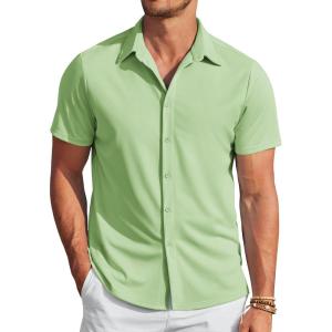 imageCOOFANDY Mens Casual Wrinkle Free Shirts Short Sleeve Button Down Summer Stretch Dress ShirtLight Green