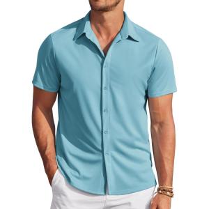 imageCOOFANDY Mens Casual Wrinkle Free Shirts Short Sleeve Button Down Summer Stretch Dress ShirtSky Blue