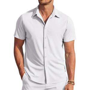 imageCOOFANDY Mens Casual Wrinkle Free Shirts Short Sleeve Button Down Summer Stretch Dress ShirtWhite