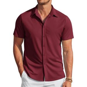 imageCOOFANDY Mens Casual Wrinkle Free Shirts Short Sleeve Button Down Summer Stretch Dress ShirtWine Red