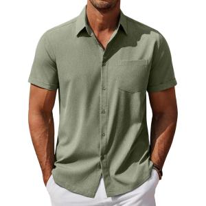 imageCOOFANDY Mens Cool Button Down Shirt Short Sleeve Summer Beach Shirts Linen Texture Casual Shirts with PocketArmy Green