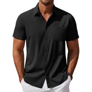imageCOOFANDY Mens Cool Button Down Shirt Short Sleeve Summer Beach Shirts Linen Texture Casual Shirts with PocketBlack