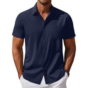 imageCOOFANDY Mens Cool Button Down Shirt Short Sleeve Summer Beach Shirts Linen Texture Casual Shirts with PocketBlue